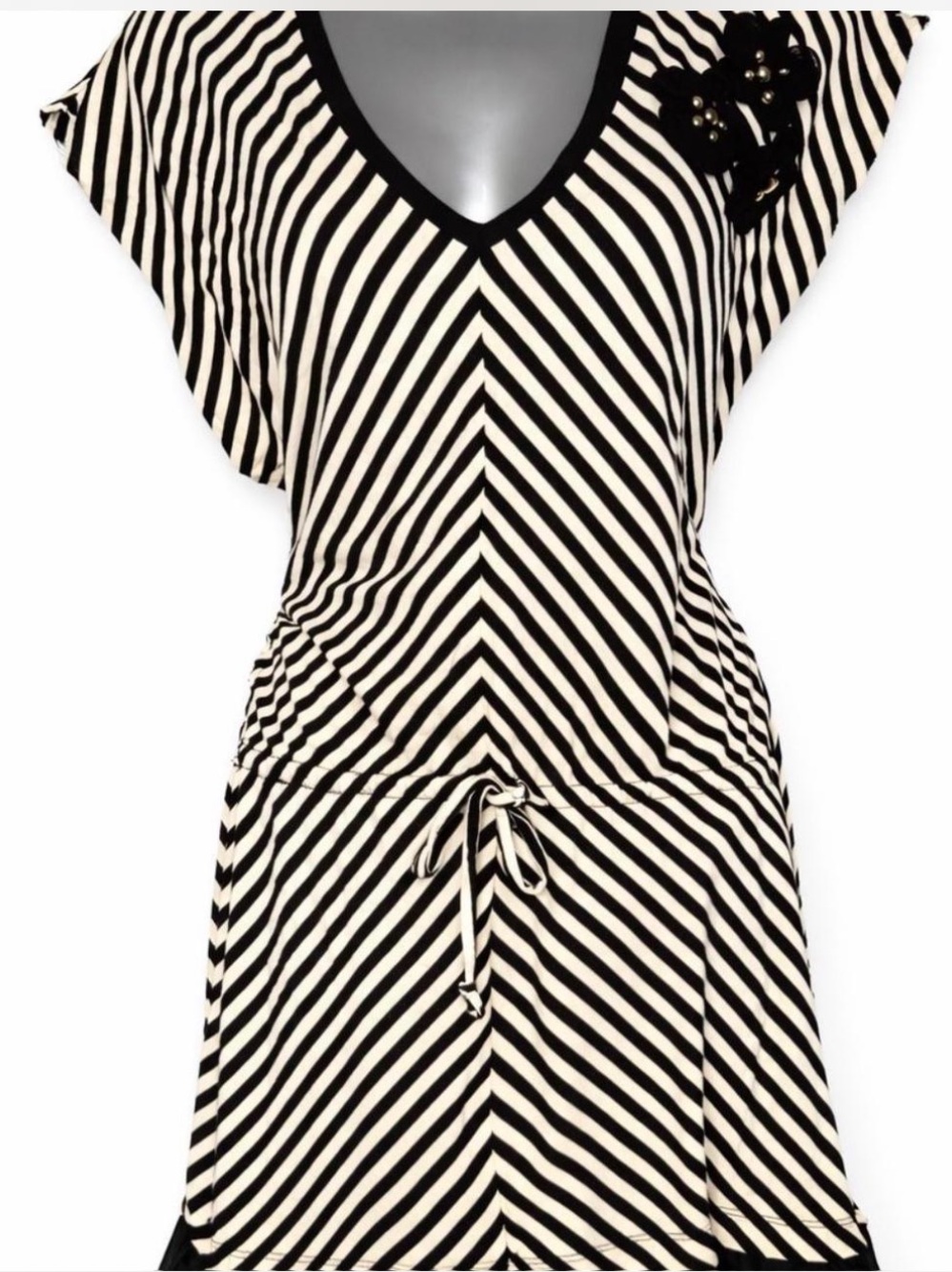 Young Fabulous & Broke Striped Floral Applique V-Neck Tunic Top‎ Black White XS